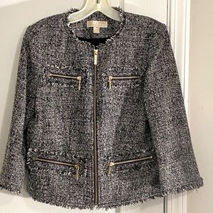 Michael Michael Kors black and white tweed jacket with gold logo zipped pockets